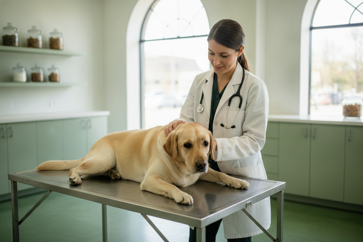 Veterinária examinando labrador com cuidado