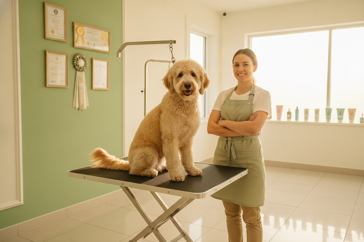 Groomer profissional com dog fluffy na mesa de tosa