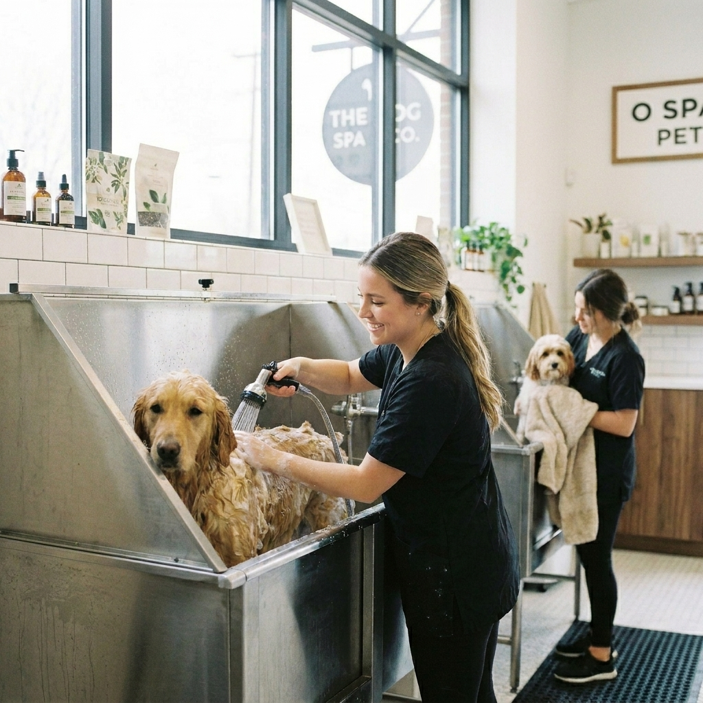Cão recebendo banho em petshop profissional