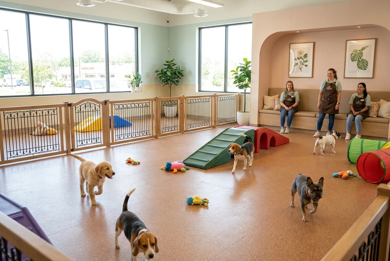 Cães em espaço de creche pet