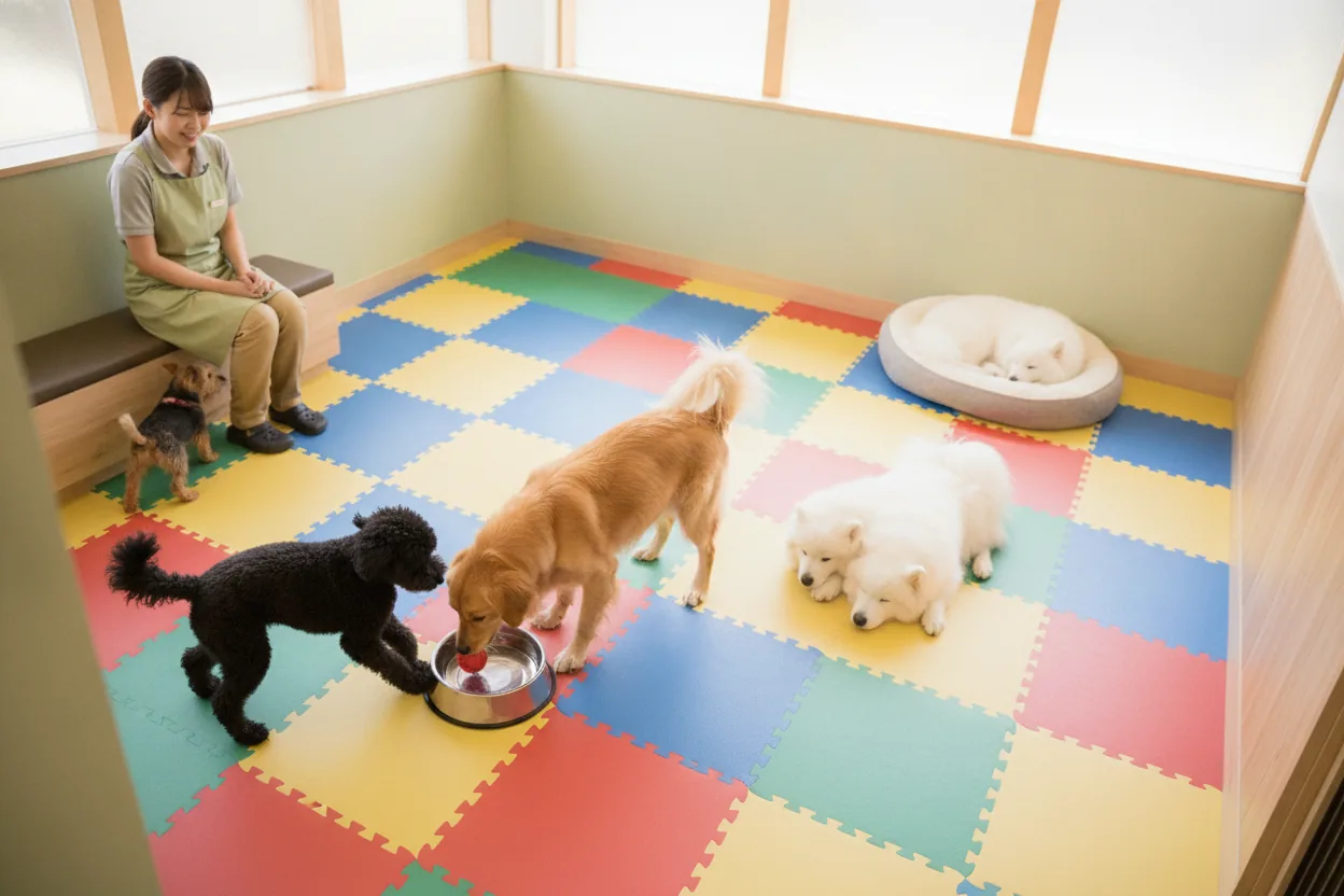 Funcionária acompanhando cães na creche
