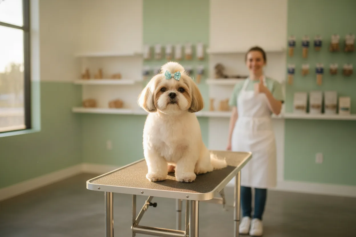 Cachorro após cuidados de higiene e tosa